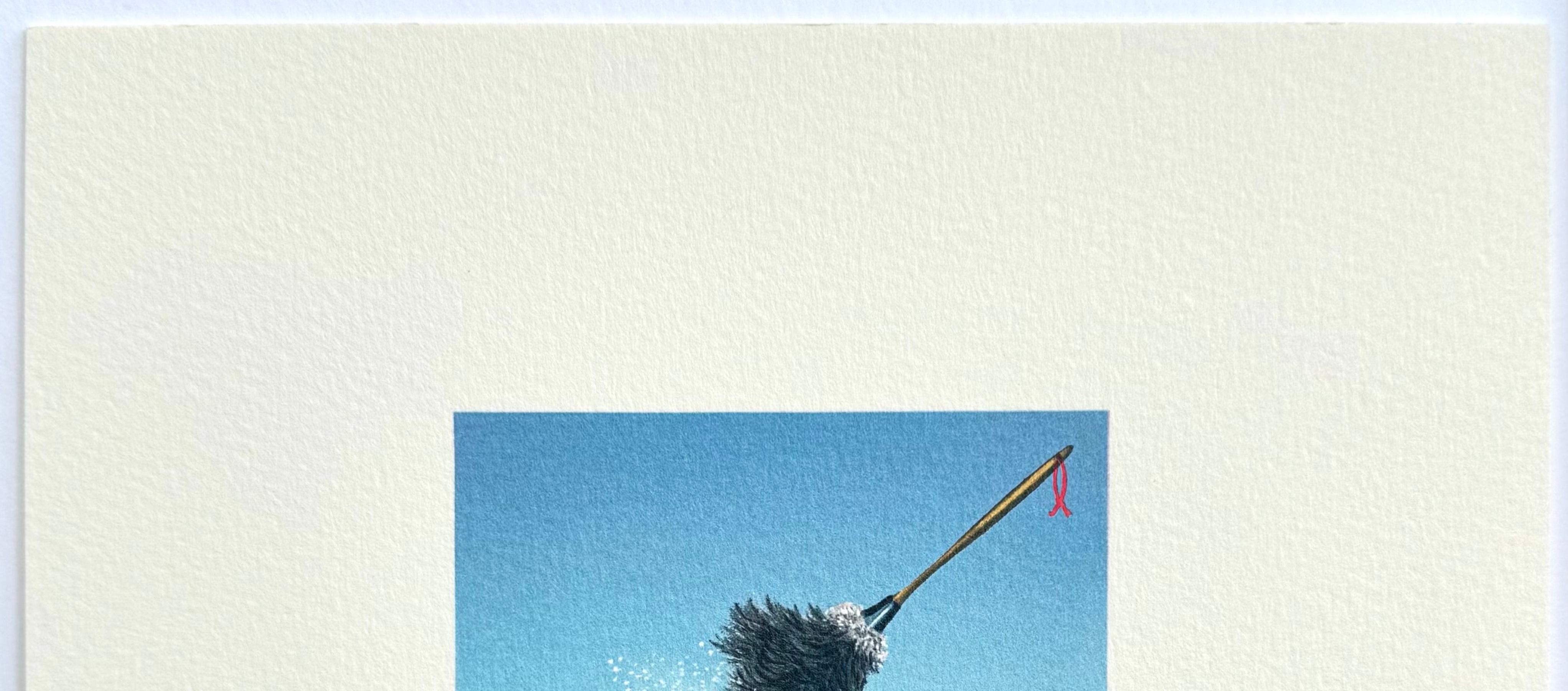 FUJI UNDER SIEGE Signed Lithograph, Mini Landscape, Snow Capped Mountain, Duster - Blue Portrait Print by Fanny Brennan