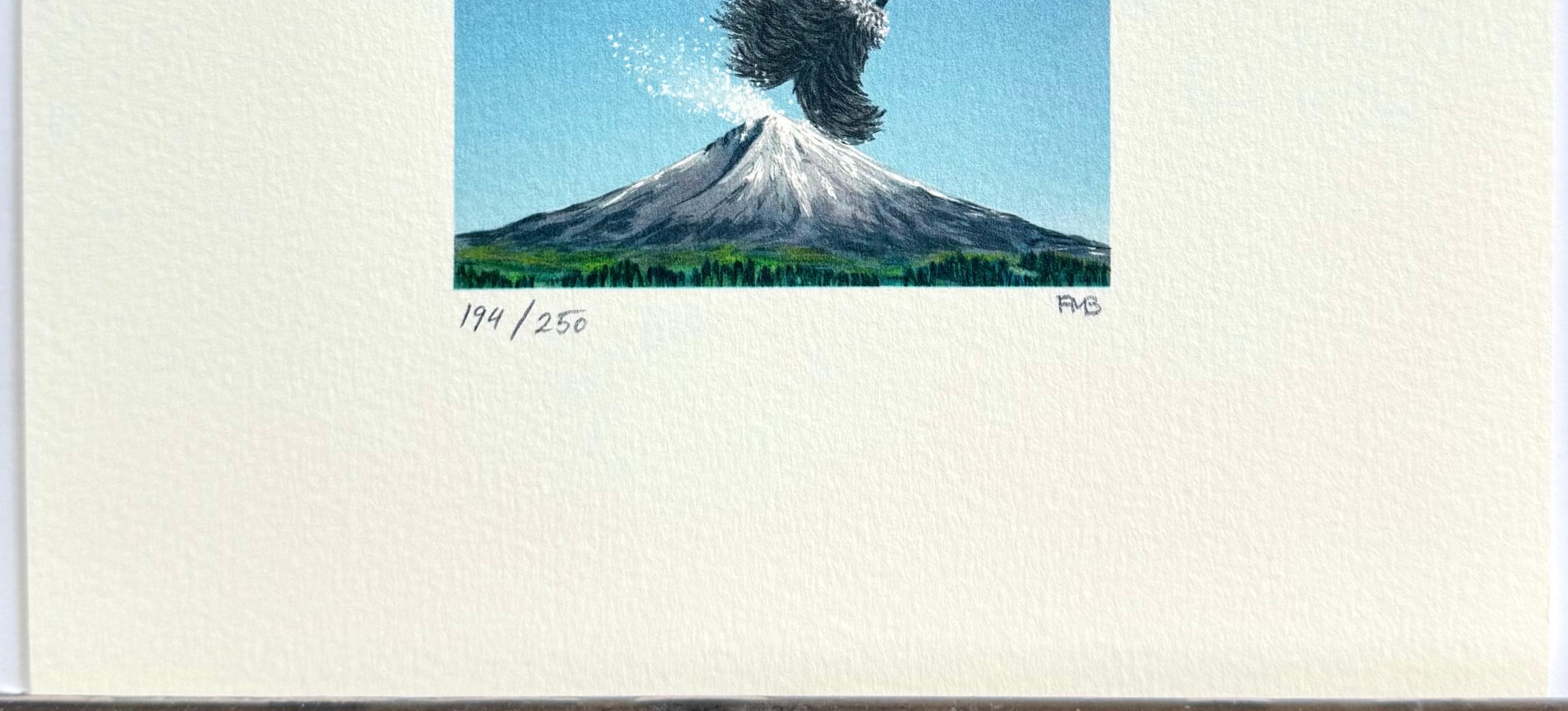 FUJI UNDER SIEGE is a hand drawn, limited edition lithograph by the American surrealist artist Fanny Brennan, created using traditional hand lithography techniques printed on archival Arches printmaking paper, 100% acid-free. 

Print size - 6 x 7