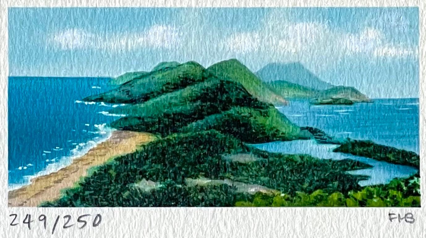 HIGH TIDE LOW TIDE Litografia firmata, Mini paesaggio marino, Isole, Spiaggia, Acqua blu - Print Surrealismo di Fanny Brennan