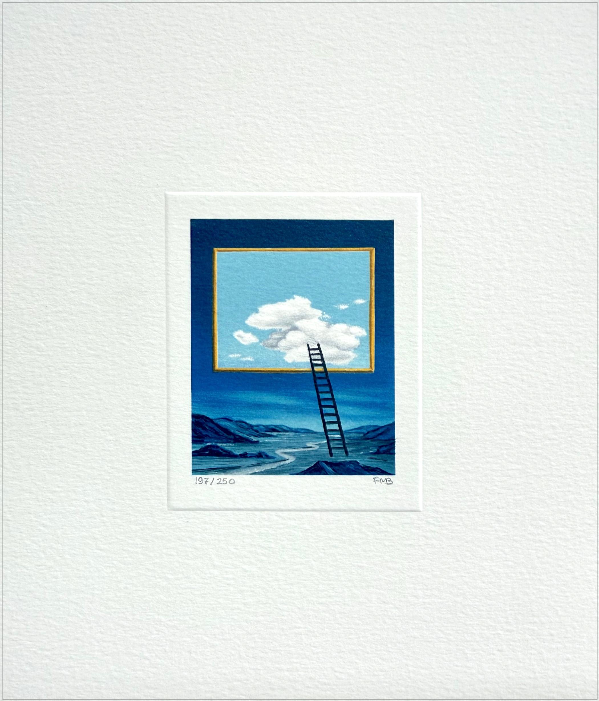 LADDER Signed Lithograph, Surreal Landscape, Midnight Blue Sky, Picture Window - Print by Fanny Brennan