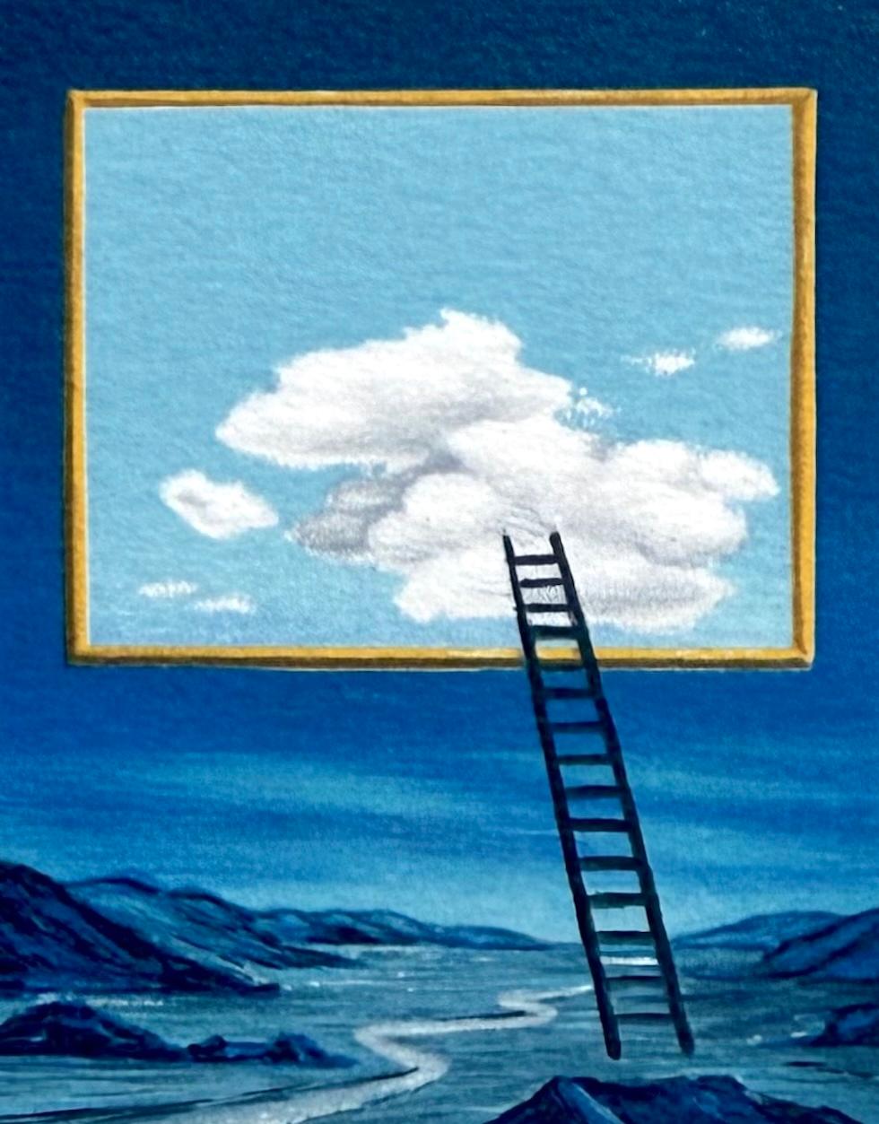 LADDER Signed Lithograph, Surreal Landscape, Midnight Blue Sky, Picture Window - Surrealist Print by Fanny Brennan
