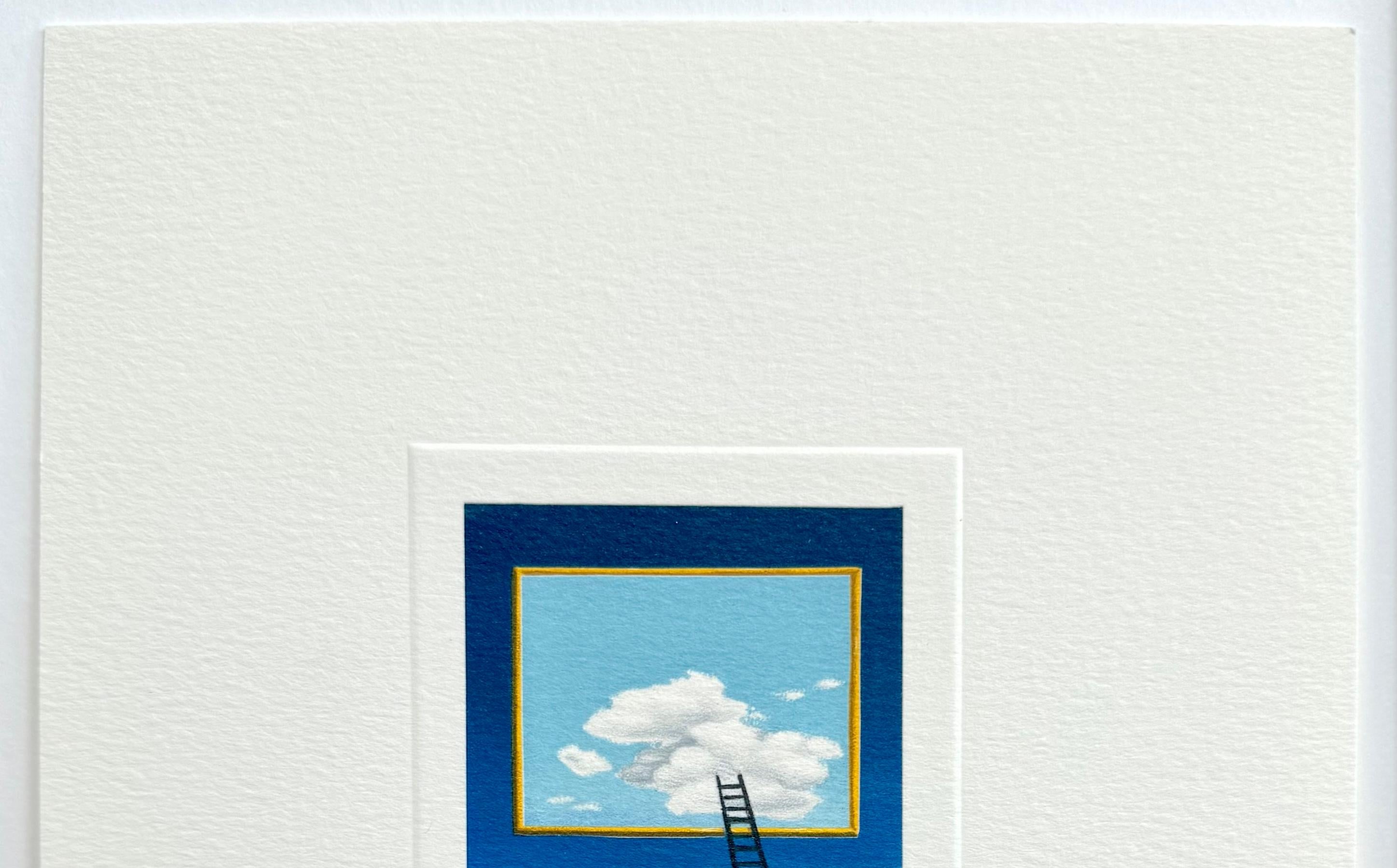 LADDER Signed Lithograph, Surreal Landscape, Midnight Blue Sky, Picture Window - Gray Portrait Print by Fanny Brennan
