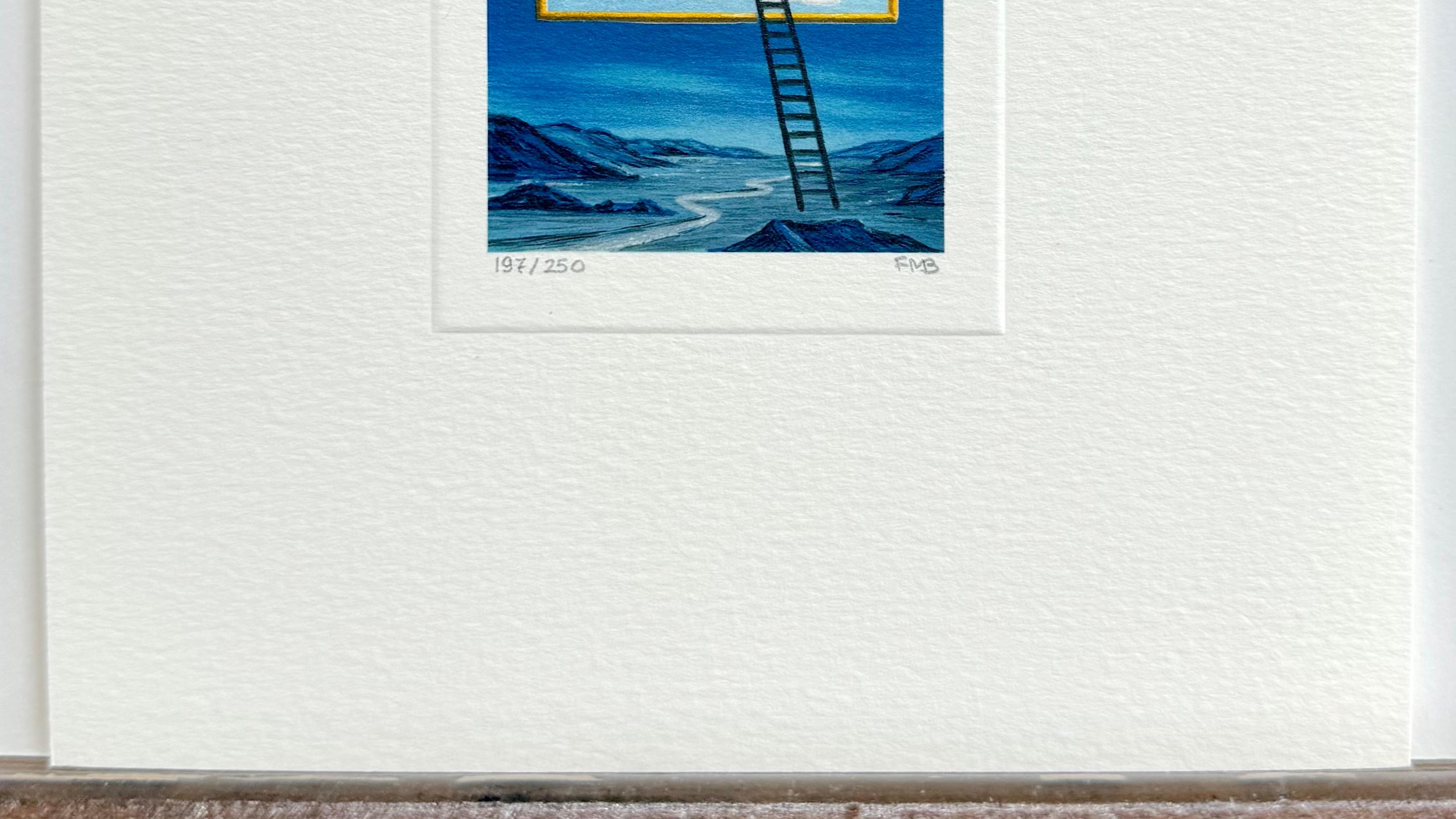 LADDER is a rarely seen, hand drawn limited edition lithograph by the American surrealist artist Fanny Brennan, created using traditional hand lithography techniques printed on archival Arches paper, 100% acid-free. LADDER presents an intriguing,