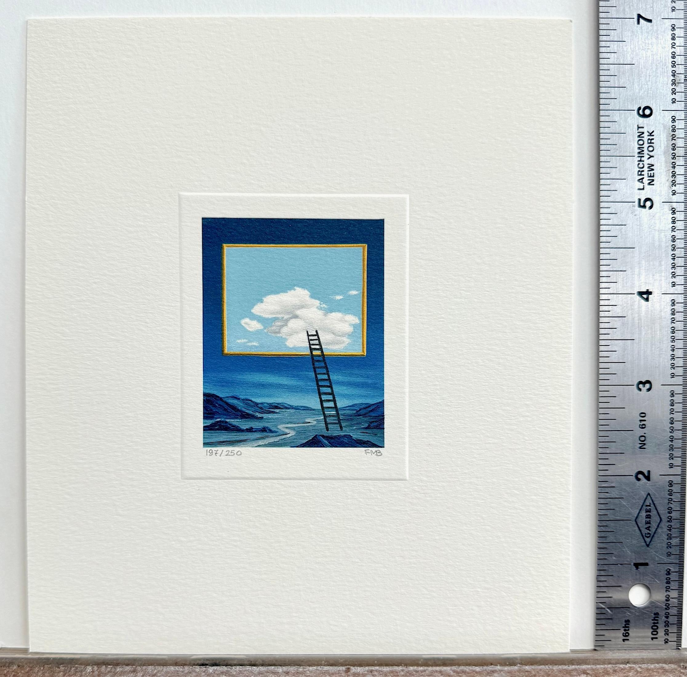 LADDER Signed Lithograph, Surreal Landscape, Midnight Blue Sky, Picture Window For Sale 1