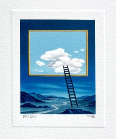 LADDER Signed Lithograph, Surreal Landscape, Midnight Blue Sky, Picture Window