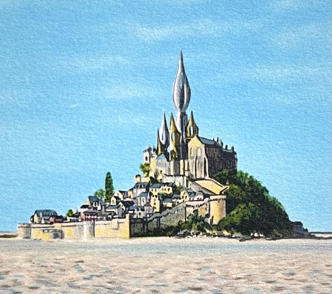 MONT SAINT-MICHEL Mini litografía firmada, Lugar emblemático de Normandía Francia - Print Surrealista de Fanny Brennan
