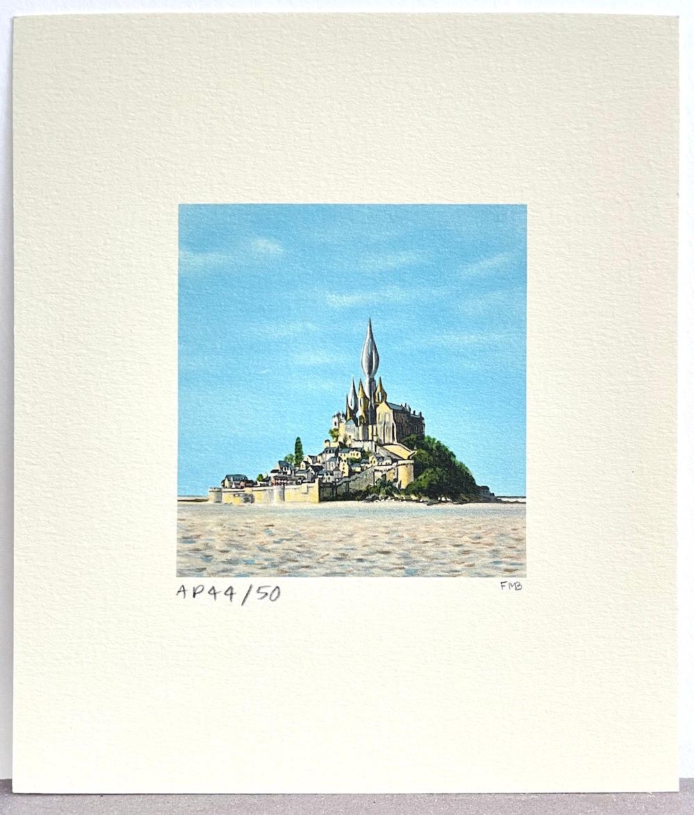 MONT SAINT-MICHEL is a hand drawn, limited edition lithograph by the American surrealist artist Fanny Brennan, created using traditional hand lithography techniques printed on archival Arches paper, 100% acid-free. MONT SAINT-MICHEL is a realistic
