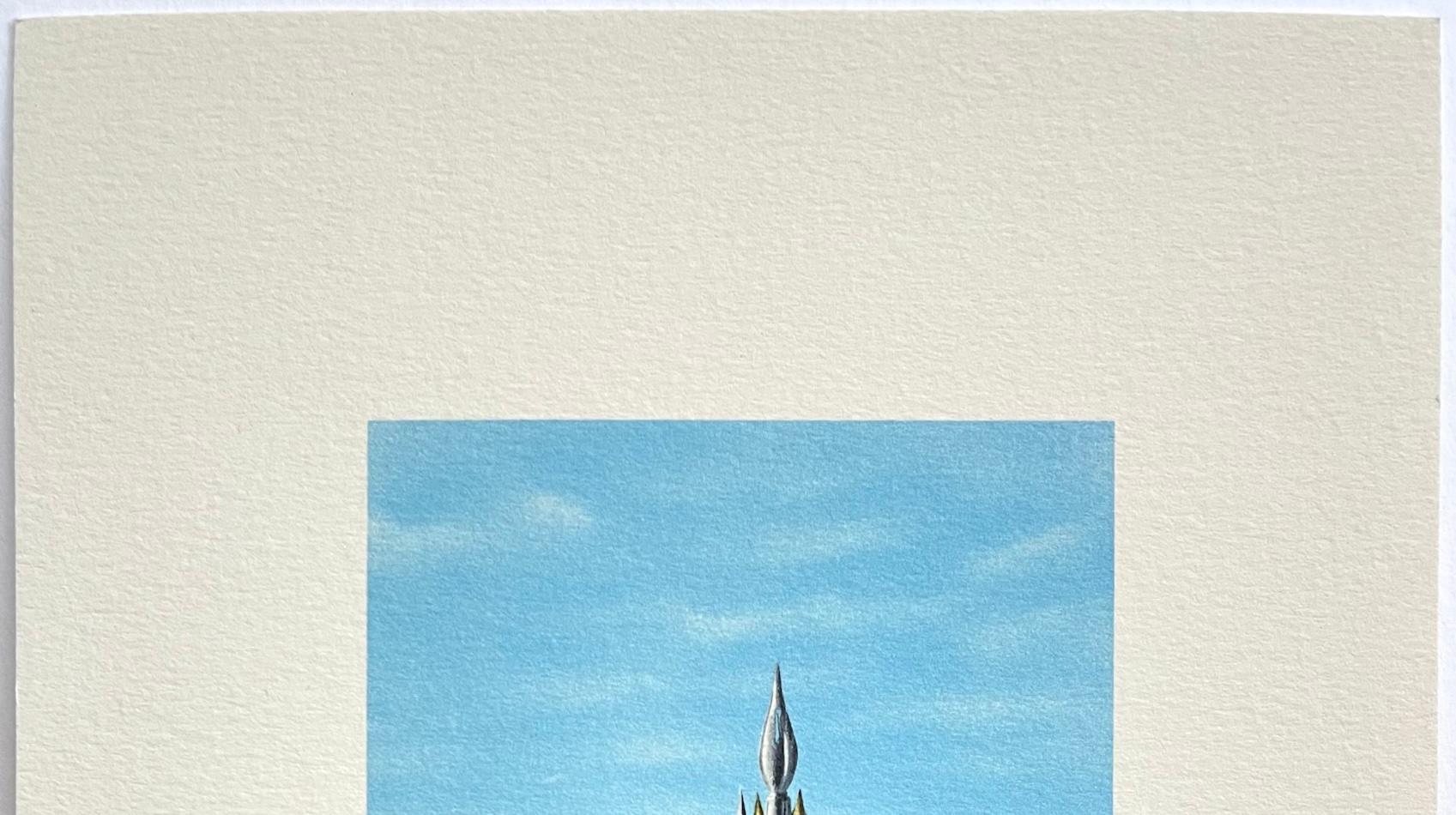 MONT SAINT-MICHEL Signed Mini Lithograph, Iconic Landmark Normandy France - Blue Landscape Print by Fanny Brennan