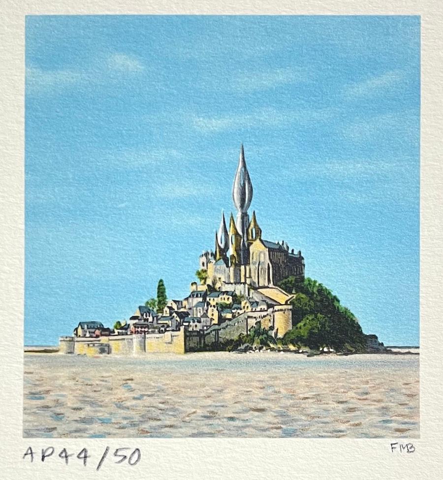 Mini-lithographie signée MONT SAINT-MICHEL, île du Tidal emblématique Normandie France