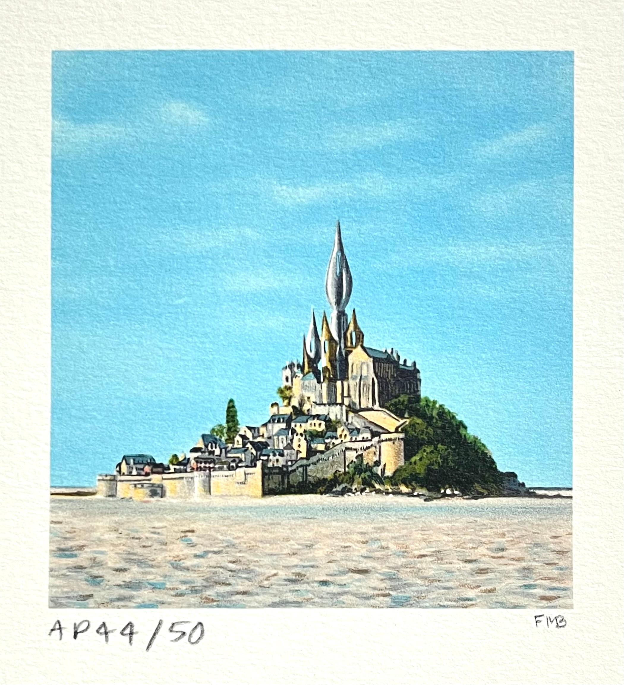MONT SAINT-MICHEL Signierte Mini-Lithographie, ikonische Wahrzeichen der Normandie, Frankreich