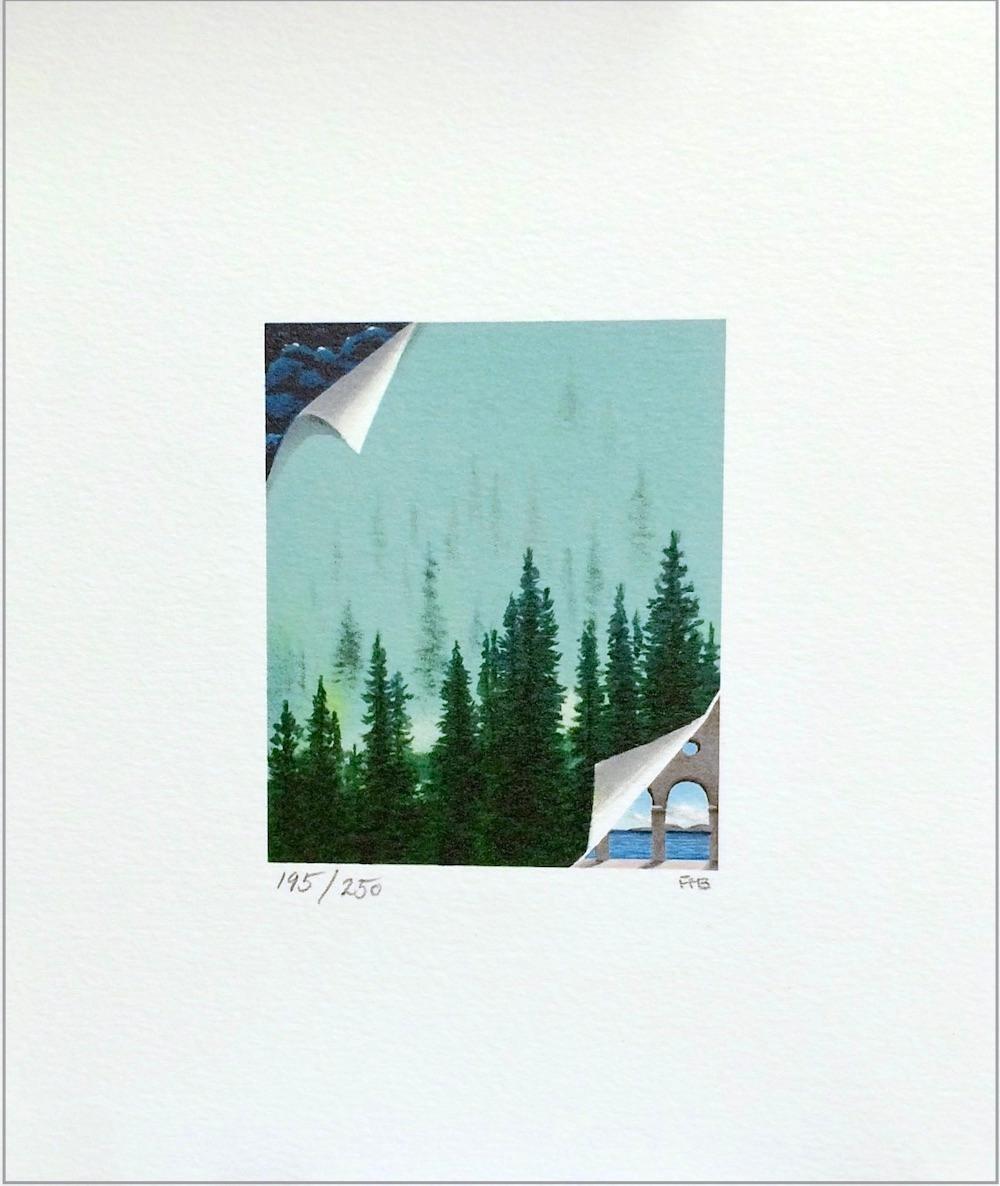 MORNING MIST Signed Mini Lithograph Surreal Forest Landscape Fog, Pine Trees - Print by Fanny Brennan