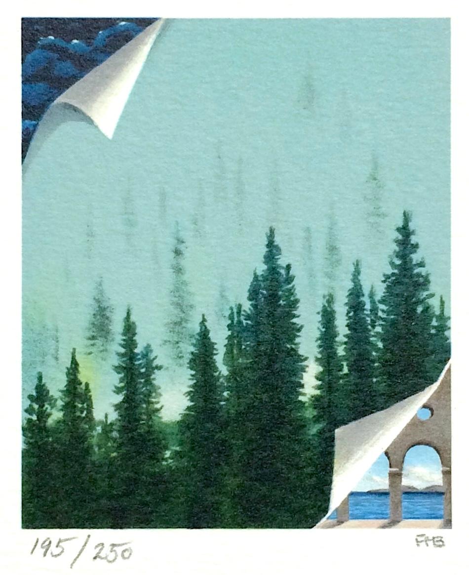 Nebbia mattutina Mini litografia firmata Paesaggio forestale surreale Nebbia, alberi di pino - Print Surrealismo di Fanny Brennan
