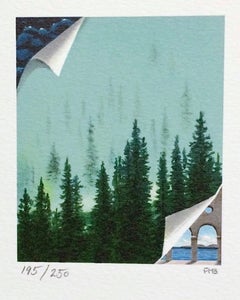 Mini-lithographie signée MORNING MIST - Paysage forestier surréaliste - Brouillard, arbres de pin