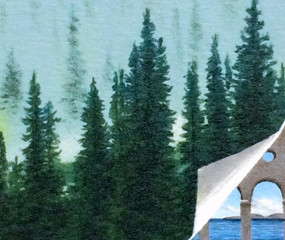 Nebbia mattutina Mini litografia firmata Paesaggio forestale surreale Nebbia, alberi di pino - Print Blu di Fanny Brennan