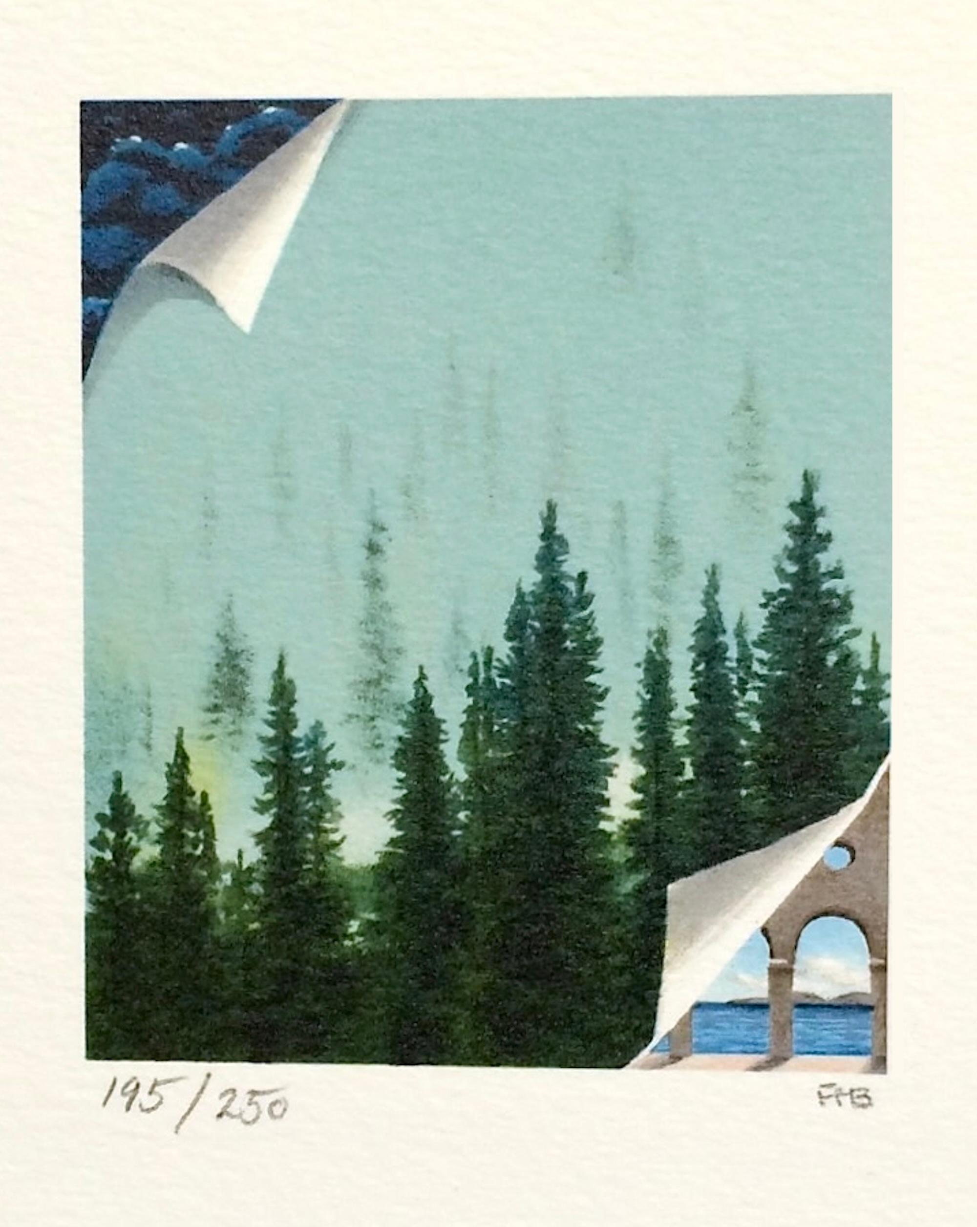 Fanny Brennan Print - MORNING MIST Signed Lithograph, Surreal Landscape, Forest Fog, Pine Trees