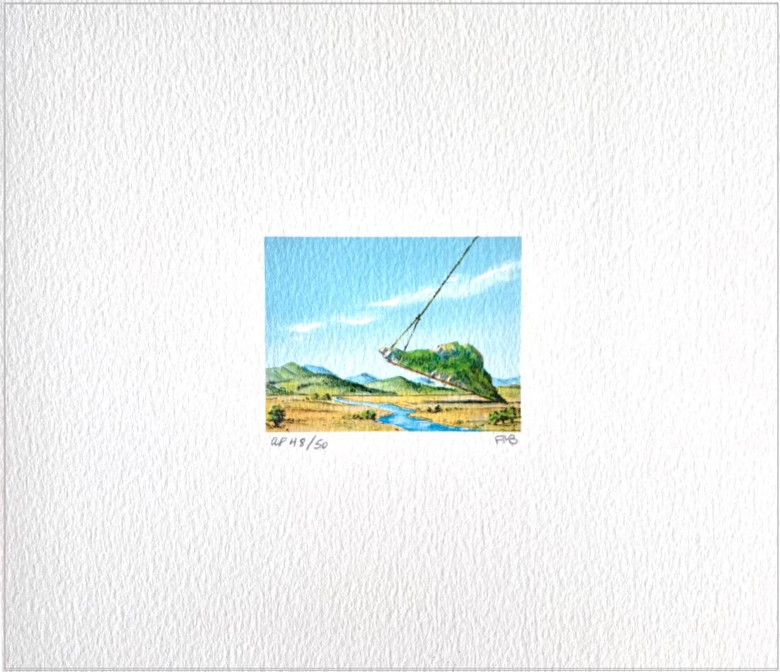 MOUNTAIN LIFT Signed Lithograph, Mini Surreal Landscape, Lasso Rope, Blue Sky - Print by Fanny Brennan