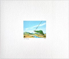 MOUNTAIN LIFT Signed Lithograph, Surreal Mini Landscape, Lasso Rope, Blue Sky