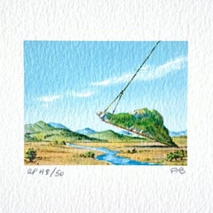 Vintage MOUNTAIN LIFT Signed Lithograph, Mini Surreal Landscape, Lasso Rope, Blue Sky