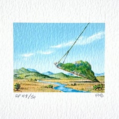 MOUNTAIN LIFT Litografia firmata, mini paesaggio surreale, corda con lazo, cielo blu