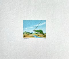 MOUNTAIN LIFT Litografia firmata, mini paesaggio surreale, corda con lazo, cielo blu