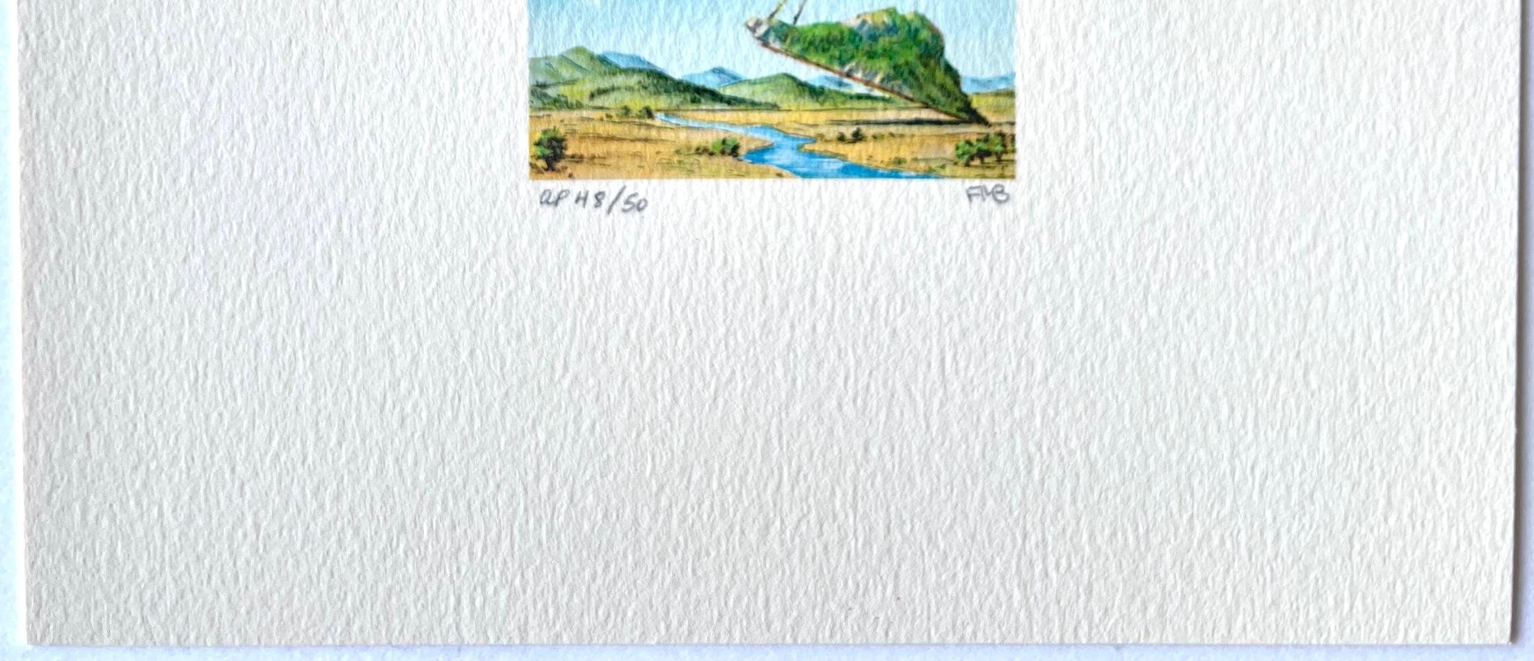  MOUNTAIN LIFT è una litografia disegnata a mano e in edizione limitata dell'artista surrealista americana Fanny Brennan, realizzata con tecniche tradizionali di litografia a mano e stampata su carta da stampa d'archivio Artistics, 100% priva di