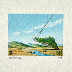 Fanny Brennan - MOUNTAIN LIFT Litografia firmata, mini paesaggio surreale, corda con lazo, cielo blu MOUNTAIN LIFT Litografia firmata, mini paesaggio surreale, corda con lazo, cielo blu