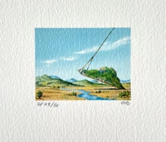 MOUNTAIN LIFT Litografia firmata, mini paesaggio surreale, corda con lazo, cielo blu