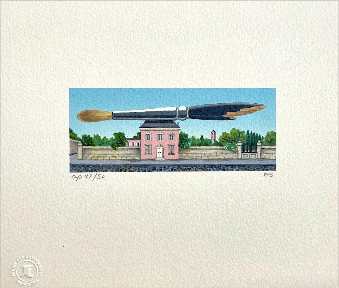 PINK HOUSE Mini litografia firmata, casa in stile rustico francese, pennello dell'artista - Print di Fanny Brennan