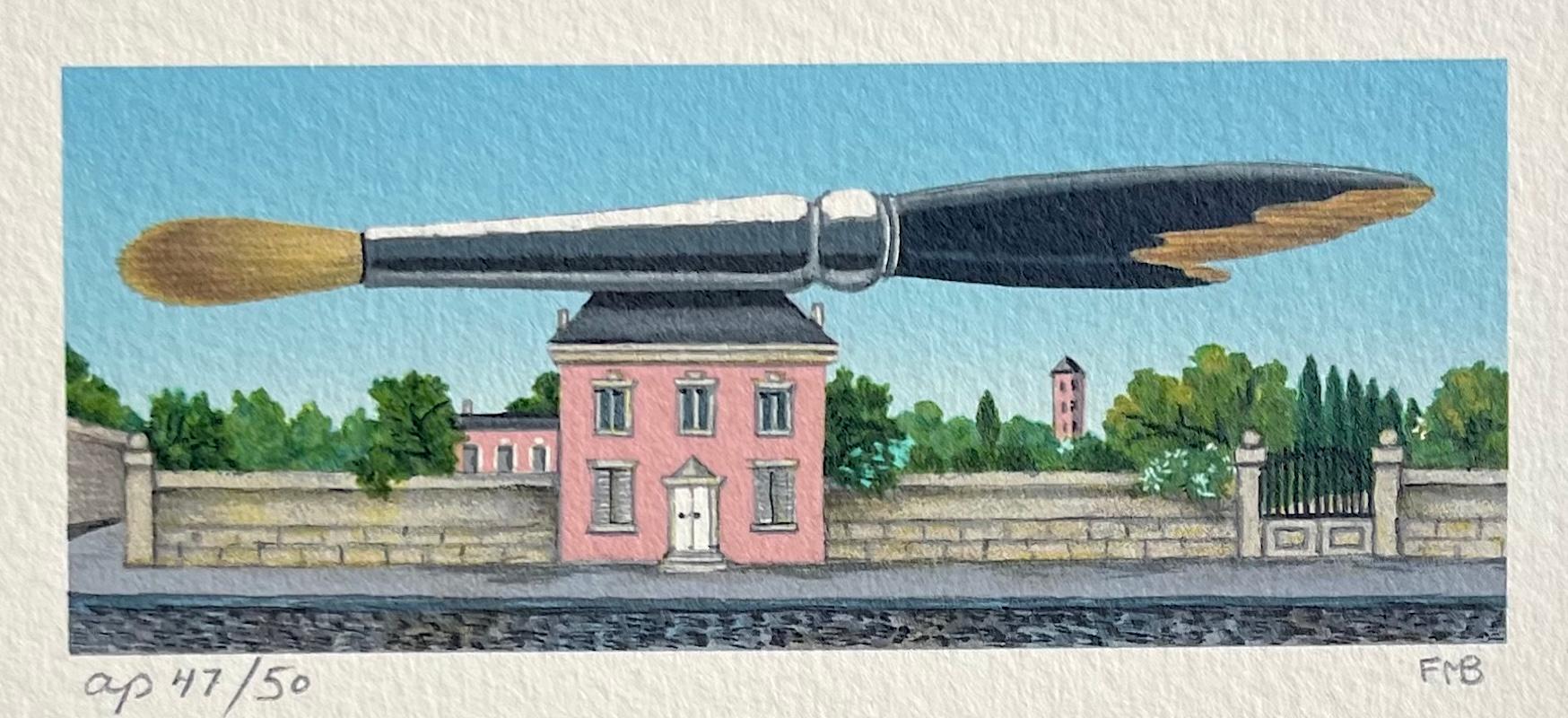 PINK HOUSE Mini litografia firmata, casa in stile rustico francese, pennello dell'artista - Print Surrealismo di Fanny Brennan