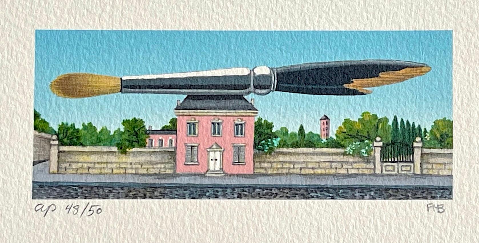 PINK HOUSE Signed Mini Lithograph, French Country-Style Home, Artist Paintbrush