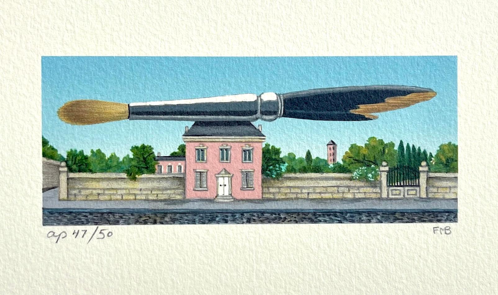 PINK HOUSE Mini litografia firmata, casa in stile rustico francese, pennello dell'artista