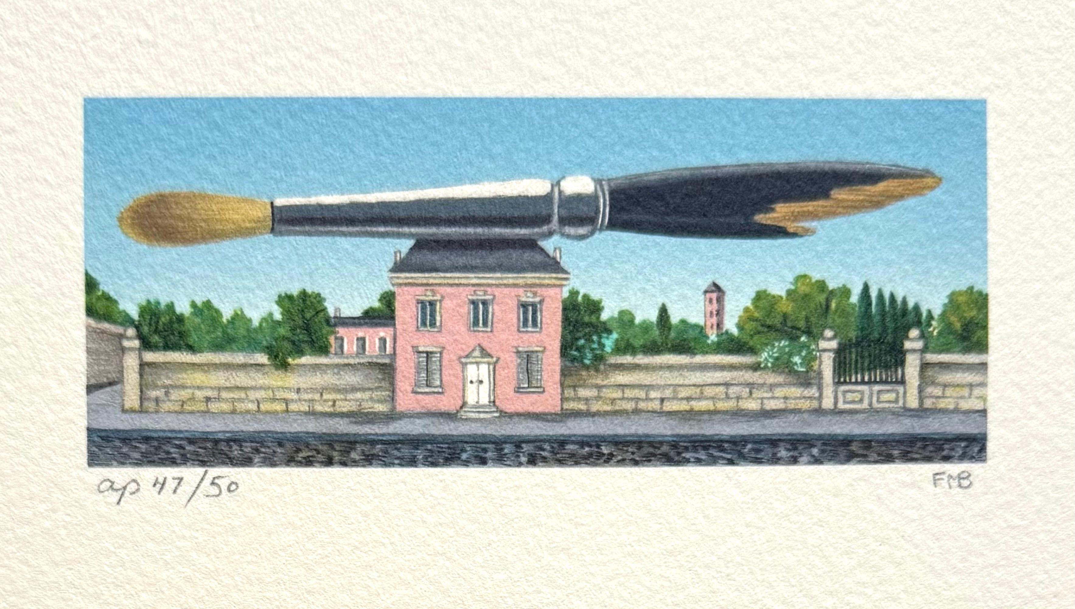 PINK HOUSE Signed Mini Lithograph, French Country-Style Home, Artist Paintbrush