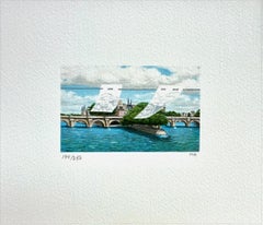 PONT NEUF Signierte Lithographie, Surreale Landschaft, Historische Brücke Paris Frankreich