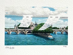 PONT NEUF Signed Lithograph, Surreal Landscape, Historic Bridge Paris France