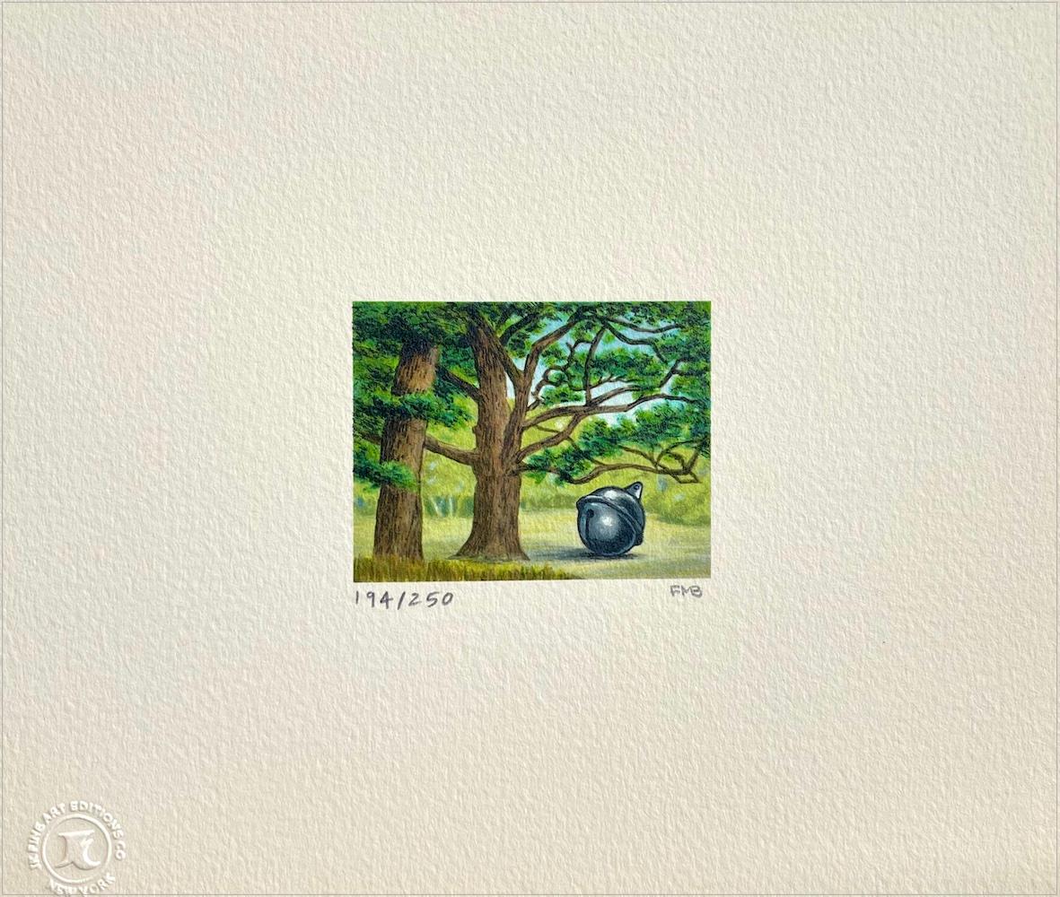 ZONA TRANQUILA Litografía firmada, Mini paisaje surrealista, cascabeles, árboles - Print de Fanny Brennan