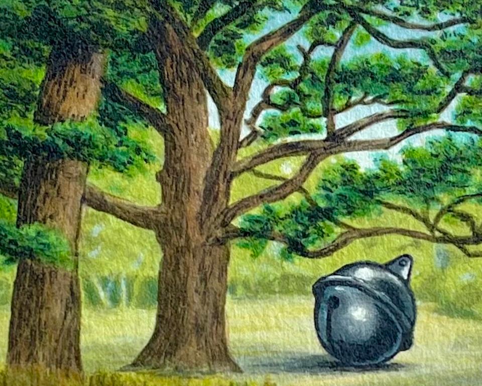ZONA TRANQUILA Litografía firmada, Mini paisaje surrealista, cascabeles, árboles - Print Surrealista de Fanny Brennan