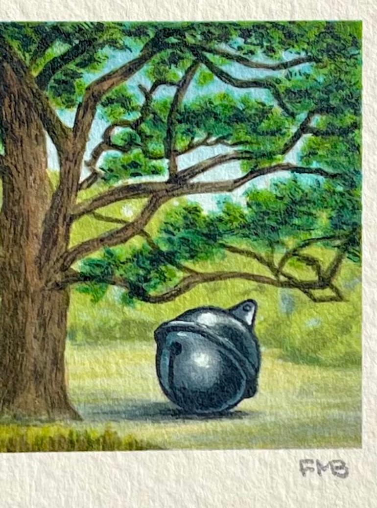 ZONA TRANQUILA Litografía firmada, Mini paisaje surrealista, cascabeles, árboles - Landscape Print Beige de Fanny Brennan
