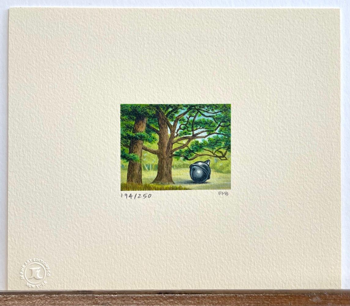 ZONA TRANQUILA Litografía firmada, Mini paisaje surrealista, cascabeles, árboles en venta 2