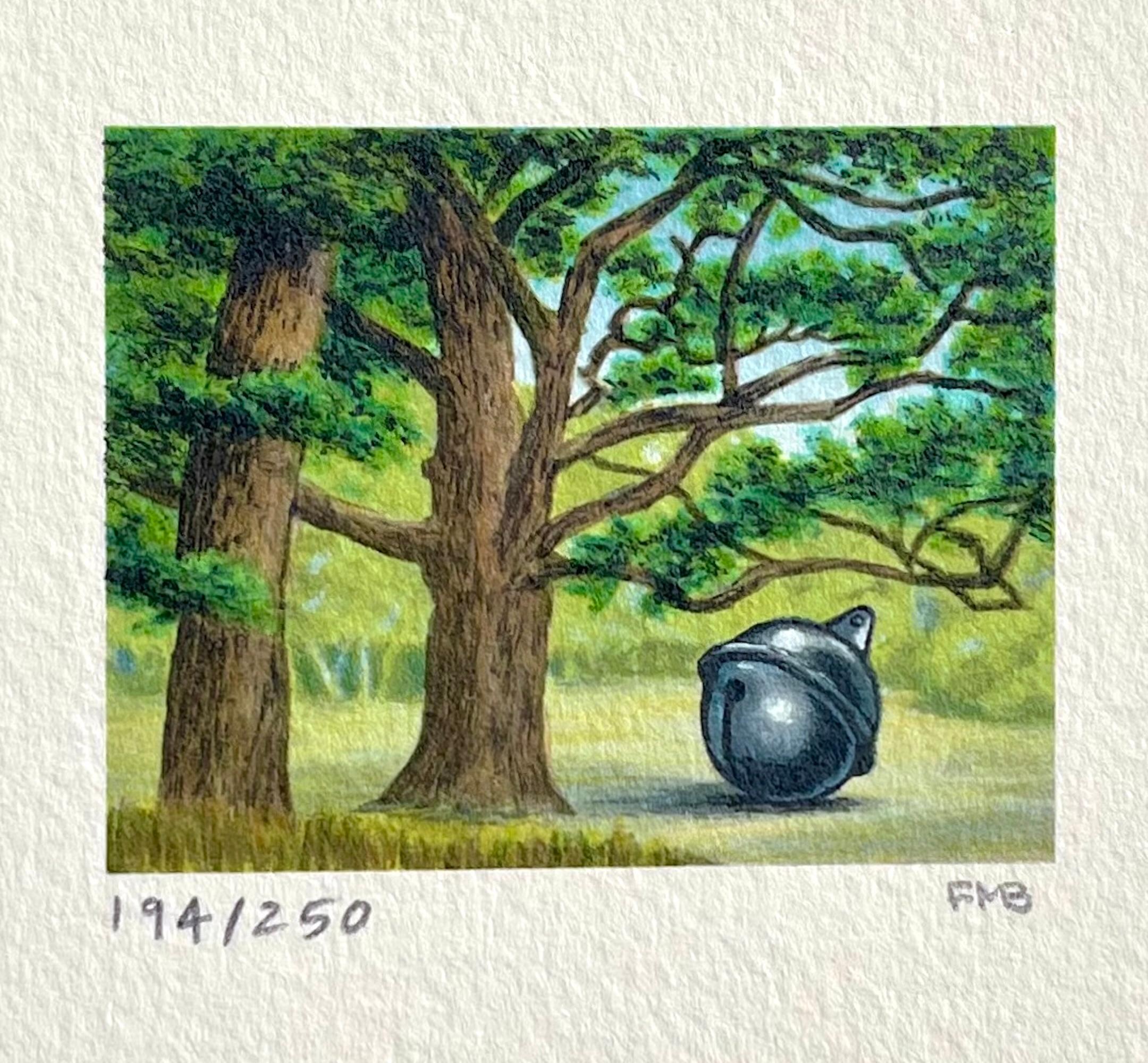 QUIET ZONE Signed Lithograph, Surreal Mini Landscape, Jingle Bell, Trees
