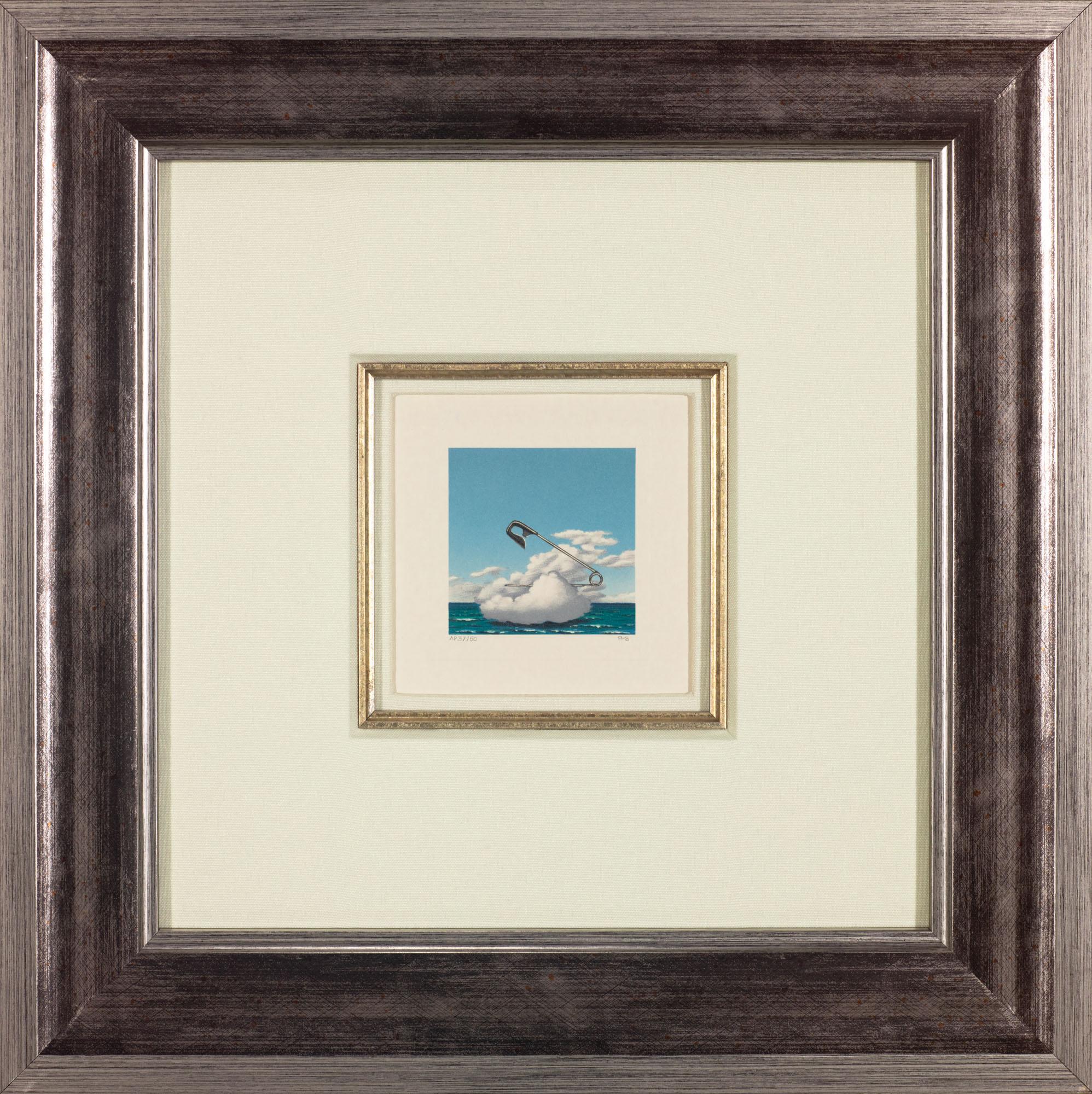 Safety Pin Cloud is a lithograph on paper with an image size of 3 x 3 inches, initialed 'FMB' lower right and annotated lower left, framed in a contemporary silver and dark gray frame. Numbered AP 37/50 from the edition of 300 (there were also 250