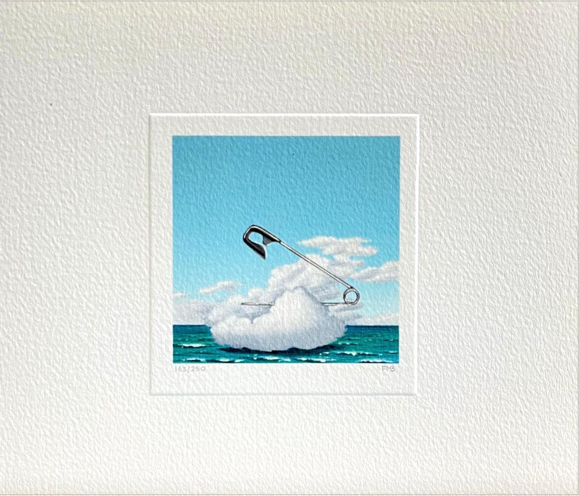 SAFETY PIN CLOUD Signed Mini Lithograph, Surreal Waterscape, Blue Sky - Print by Fanny Brennan