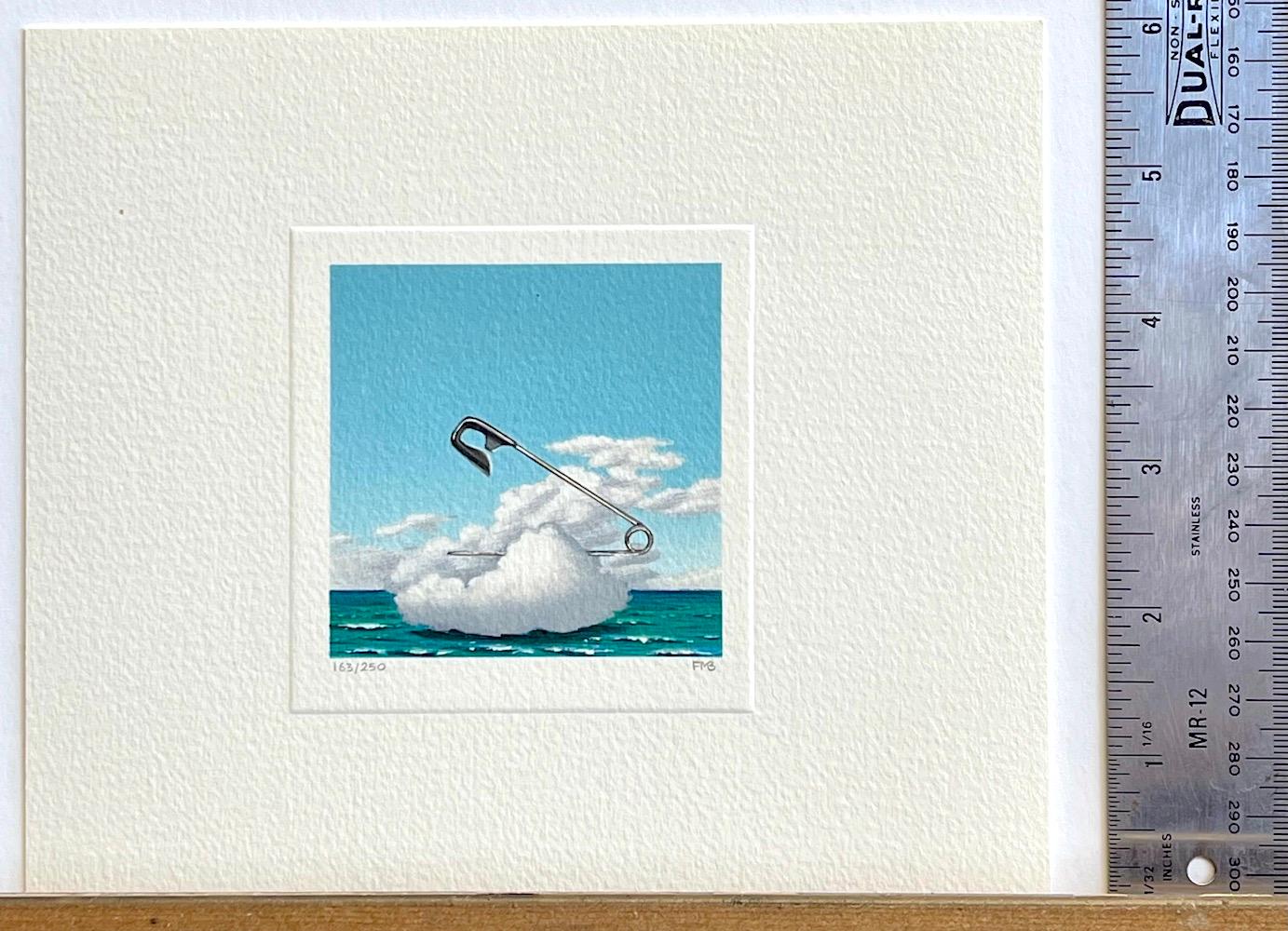 SAFETY PIN CLOUD Signed Mini Lithograph, Surreal Waterscape, Blue Sky - Surrealist Print by Fanny Brennan