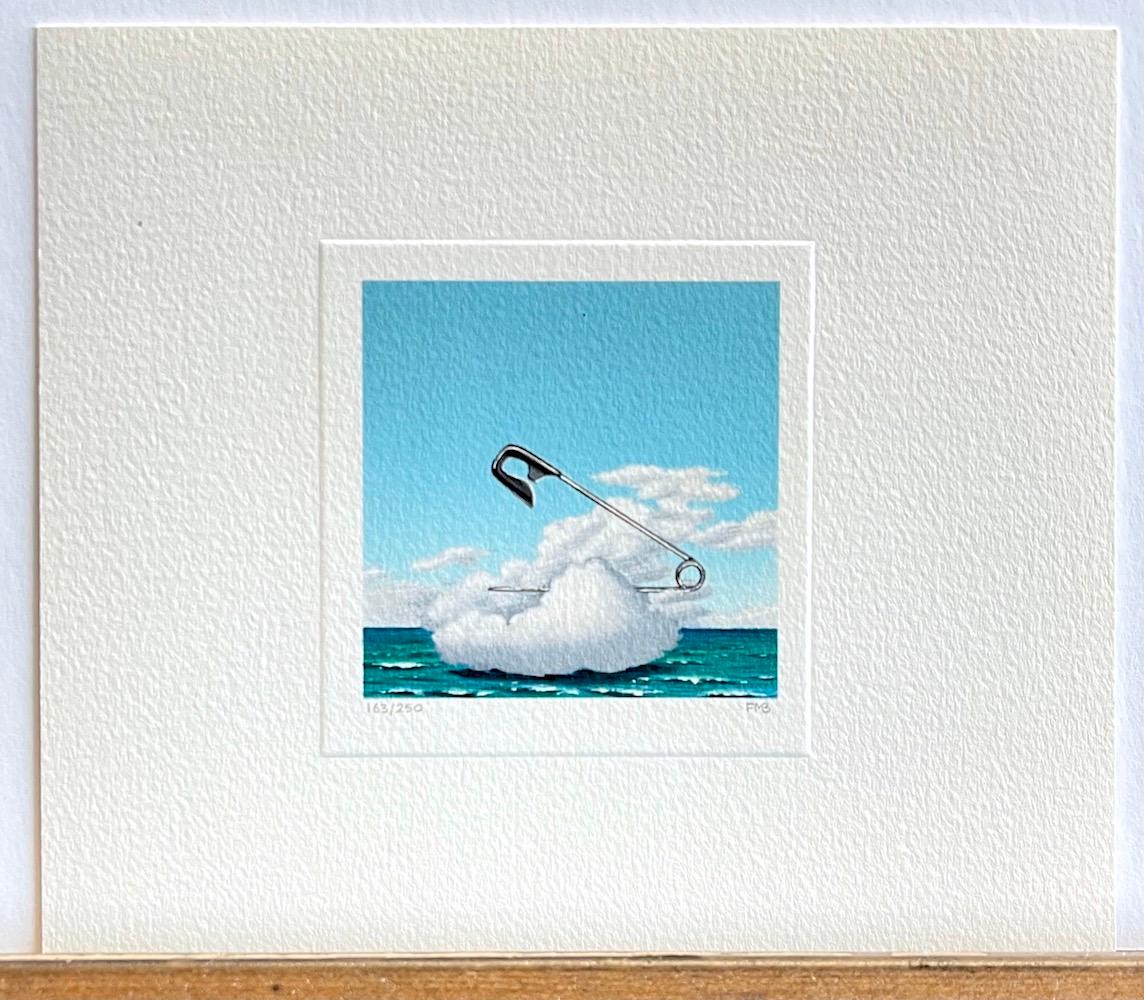 SAFETY PIN CLOUD Signed Mini Lithograph, Surreal Waterscape, Blue Sky For Sale 1