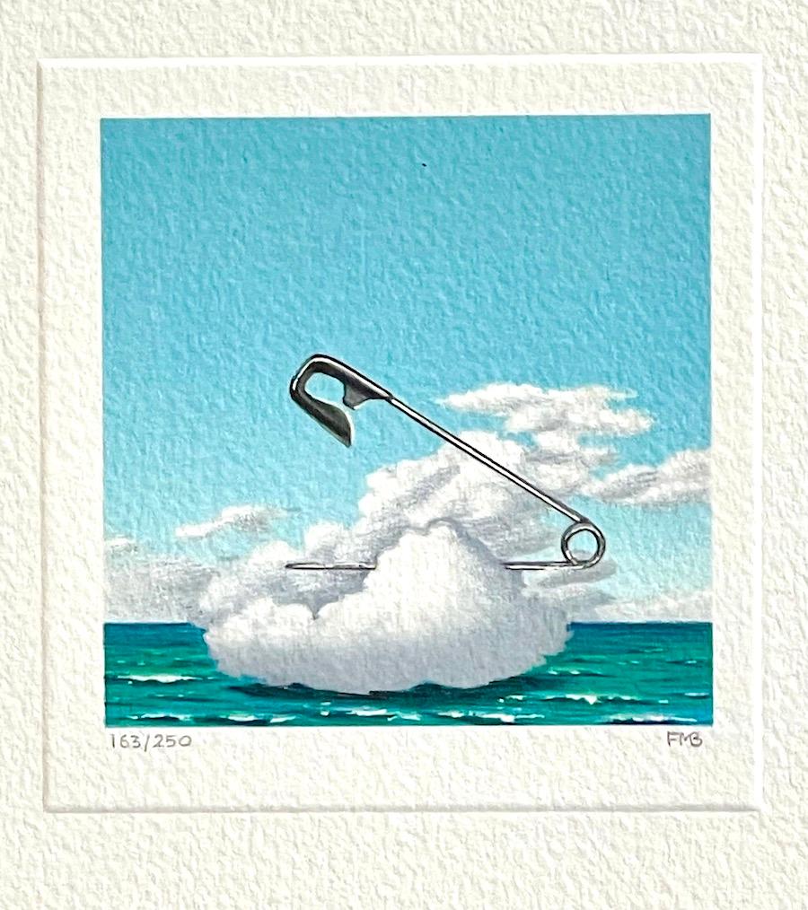 Fanny Brennan Landscape Print - SAFETY PIN CLOUD Signed Mini Lithograph, Surreal Waterscape, Blue Sky