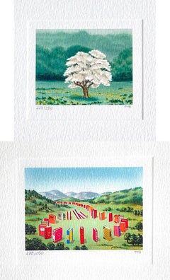 SOLO and BOOK CIRCLE, 2 Signed Lithographs, Miniature Landscape, Tree, Red Books
