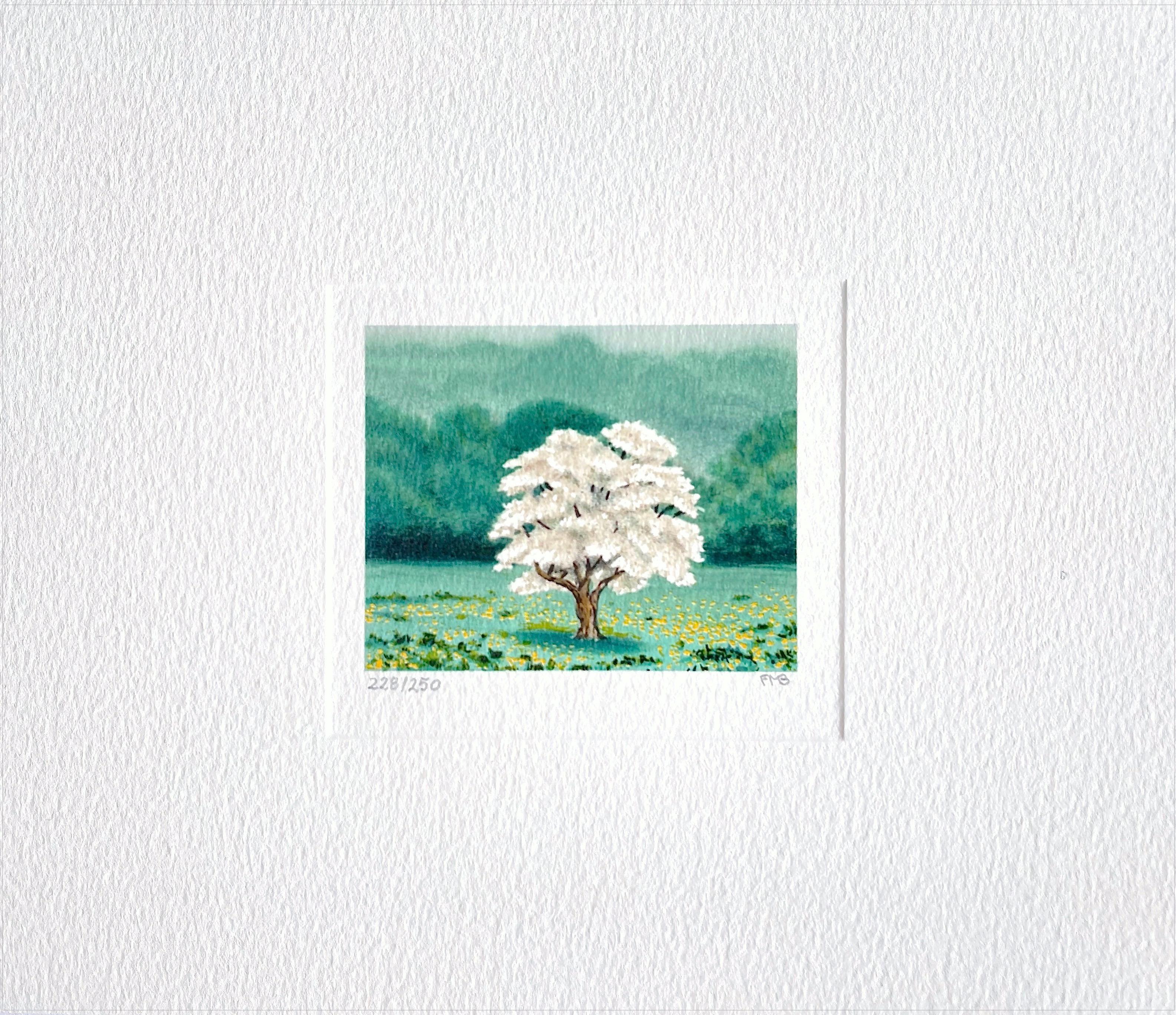 SOLO Signed Lithograph, Mini Landscape, White Tree, Green Grass, Yellow Flowers - Print by Fanny Brennan