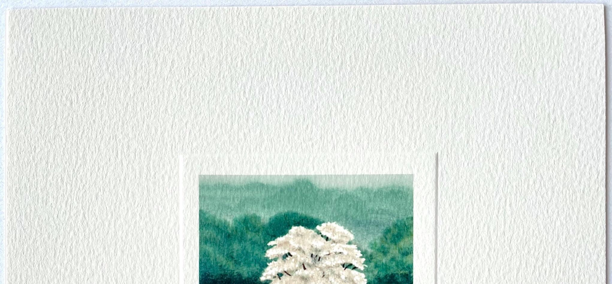 SOLO Litografia firmata, Mini Paesaggio, Albero bianco, Greene & Greene, Fiori gialli in vendita 1