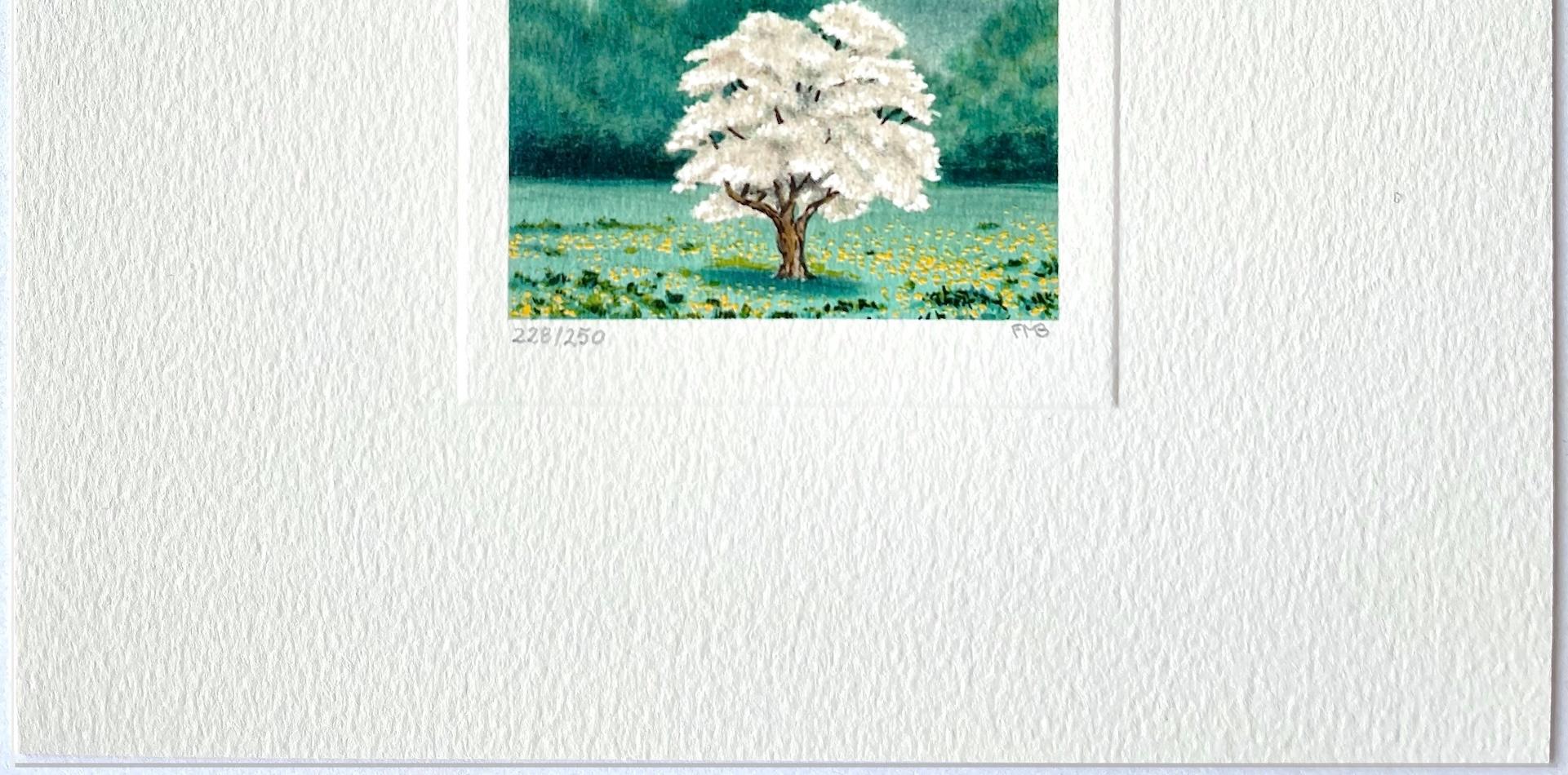 SOLO Litografia firmata, Mini Paesaggio, Albero bianco, Greene & Greene, Fiori gialli in vendita 2