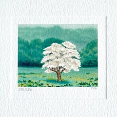 Lithographie signée SOLO, Mini Landscape, Tree White, Green Grass, Yellow Flowers