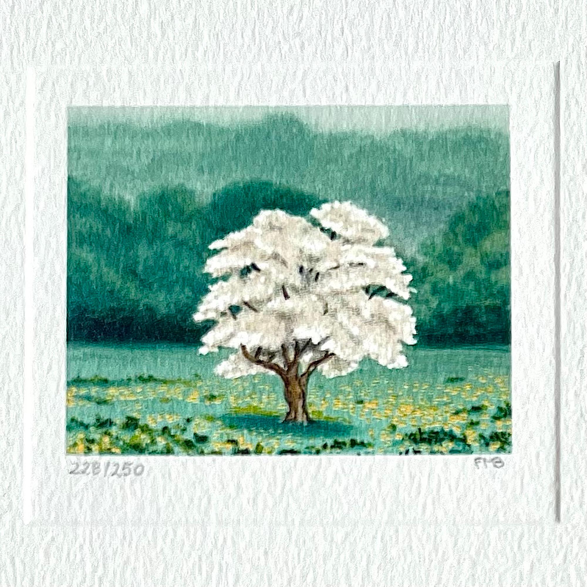 Fanny Brennan Landscape Print - SOLO Signed Lithograph, Mini Landscape, White Tree, Green Grass, Yellow Flowers